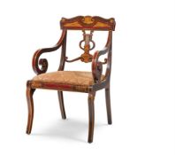 A BROWN, RED AND GOLD PAINTED OPEN ARMCHAIR OF REGENCY STYLE