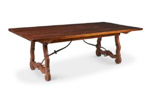 A LARGE PINE AND WALNUT REFECTORY TABLE IN SPANISH 18TH CENTURY STYLE, MODERN
