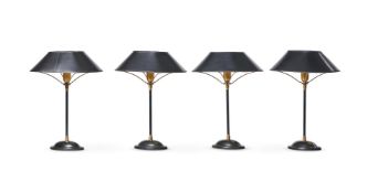 A SET OF FOUR EBONISED METAL TABLE LIGHTS, MODERN