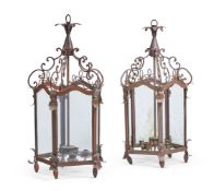 A PAIR OF WROUGHT IRON HALL LANTERNS, POSSIBLY FRENCH OR ITALIAN