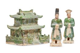 A CHINESE GREEN GLAZED TEMPLE WITH TWO ATTENDANTS, MING DYNASTY