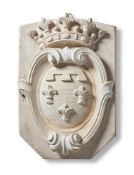 A WHITE COMPOSITION STONE ARMORIAL PANEL, 20TH CENTURY