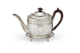 A GEORGE III SILVER OVAL TEA POT AND STANDTHOMAS ROBBINS, LONDON 1802