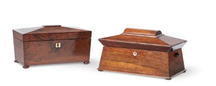 Y TWO EARLY VICTORIAN ROSEWOOD SARCOPHAGUS TEA CADDIES, MID 19TH CENTURY