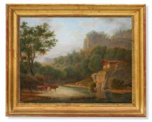 GERMAN SCHOOL (19TH CENTURY), CATTLE WATERING BY A LOG CABIN