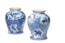 A PAIR OF CHINESE BLUE AND WHITE BALUSTER JARS, MODERN