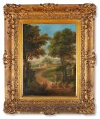 FRENCH SCHOOL (18TH CENTURY), FIGURES ON A TRACK BY A FOUNTAIN