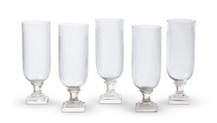 A GROUP OF FIVE CUT GLASS HURRICANE SHADES, MODERN