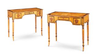 A PAIR OF SIMULATED SATINWOOD D-SHAPED SIDE TABLES OF REGENCY STYLE, MID 19TH CENTURY