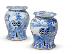 TWO SIMILAR ASIAN BLUE AND WHITE BALUSTER GARDEN SEATS, MODERN