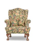 A BEECH AND FLORAL 'TAPESTRY' UPHOLSTERED WING ARMCHAIR, 20TH CENTURY