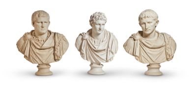 A LARGE PAIR OF BUSTS OF ROMAN SENATORS, MODERN