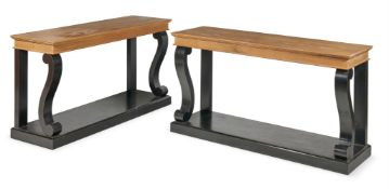 A PAIR OF OAK AND EBONISED SIDE TABLES, MODERN