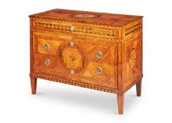 A NORTH ITALIAN WALNUT, TULIPWOOD, OLIVEWOOD AND MARQUETRY COMMODE, LATE 18TH CENTURY