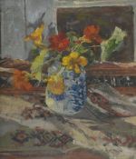 λ MARY JACKSON (BRITISH B. 1936), STILL LIFE OF FLOWERS IN A BLUE AND WHITE VASE