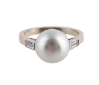 A CULTURED PEARL AND DIAMOND RING