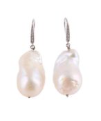 A PAIR OF FRESHWATER CULTURED PEARL AND DIAMOND EAR PENDANTS