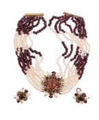 DIEGO PERCOSSI PAPI, A GARNET AND CULTURED PEARL NECKLACE AND EARRING SUITE