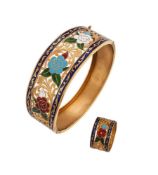 A FLORAL ENAMELLED BANGLE AND RING