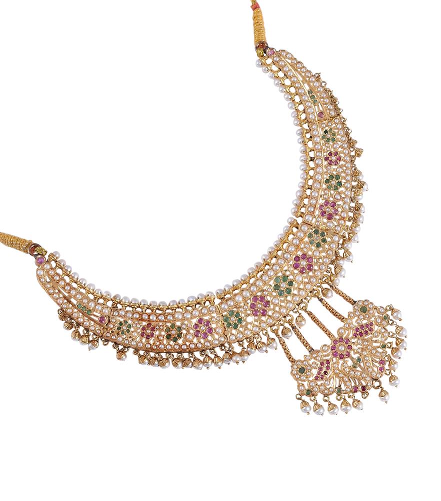 AN INDIAN RUBY, EMERALD AND CULTURED PEARL CRESCENT PANEL NECKLACE