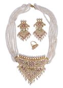 AN INDIAN SEVEN STRAND FRESHWATER PEARL, EMERALD AND RUBY COLLAR, EARRINGS AND RING