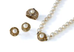 A CULTURED PEARL AND DIAMOND NECKLACE, RING AND EARRING SET