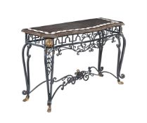 A WROUGHT IRON AND BRASS MOUNTED CONSOLE TABLE
