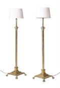 A PAIR OF BRASS CORINTHIAN COLUMN ADJUSTABLE STANDARD LAMPS, LATE 19TH OR EARLY 20TH CENTURY