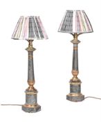 A PAIR OF VICTORIAN GILT BRASS AND PAINTED METAL LAMPS, LATE 19TH CENTURY