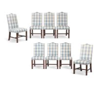 A SET OF EIGHT MAHOGANY AND UPHOLSTERED DINING CHAIRS IN GEORGE III STYLE