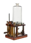 A RARE LACQUERED BRASS AND MAHOGANY HAWKSBEE-TYPE DOUBLE-ACTION DEMONSTRATION VACUUM PUMP