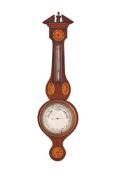 AN EDWARDIAN INLAID MAHOGANY MINIATURE ANEROID WHEEL BAROMETER