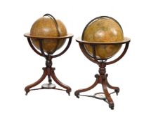 A FINE PAIR OF EARLY VICTORIAN 20 INCH FLOOR-STANDING LIBRARY GLOBES