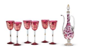 A RUBY-FLASHED AND CLEAR GLASS ROSEWATER SPRINKLER AND STOPPER OF BEKOZ TYPE