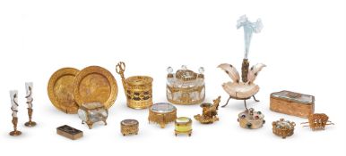 Y A GROUP OF GILT METAL MOUNTED GLASS OBJECTS OF VERTU