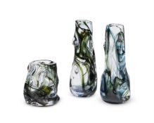 A GROUP OF THREE WHITEFRIARS PEWTER GREY 'KNOBBLY' ART GLASS VASES