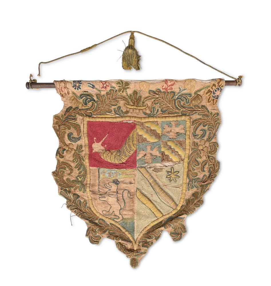 AN EMBROIDERED HERALDIC PANEL OR BANNER, CONTINENTAL, PROBABLY 18TH CENTURY