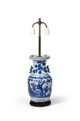A CHINESE BLUE AND WHITE TWO-HANDLED VASE ADAPTED AS A LAMP, LATE QING DYNASTY