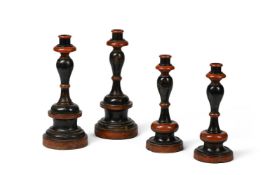 TWO PAIRS OF POLYCHROME PAINTED TURNED WOODEN CANDLESTICKS, EARLY 20TH CENTURY