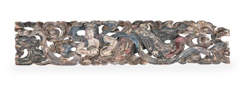 A CHINESE CARVED SOFTWOOD PANEL, RETAINING ORIGINAL POLYCHROME PAINTWORK, 18TH CENTURY