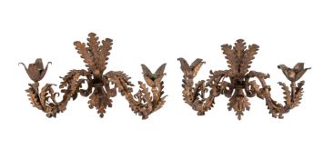 A PAIR OF GILDED WROUGHT IRON WALL LIGHTS, 17TH CENTURY ARMS ON LATER BACKPLATES