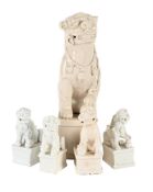 A LARGE CHINESE BLANC DE CHINE DEHUA MODEL OF A BUDDHIST LION INCENSE HOLDER, AND FOUR OTHERS