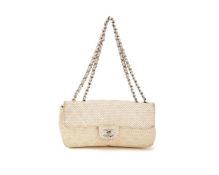 CHANEL, EAST WEST, A WHITE LAMBSKIN LEATHER FLAP HANDBAG
