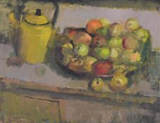 λ FRED CUMING (BRITISH 1930-2022), STILL LIFE OF APPLES AND YELLOW KETTLE