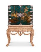 A BLUE AND GILT-JAPANNED AND CHINESE LACQUER CABINET ON STAND, 17TH/18TH CENTURY