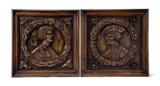 A PAIR OF CARVED OAK PORTRAIT PANELS OF CATHERINE SPENCER AND HENRY PERCY ALGERNON