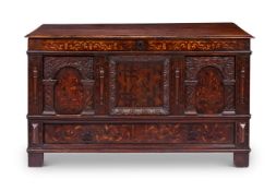 A CARVED OAK, FRUITWOOD AND MARQUETRY CHEST, 17TH CENTURY