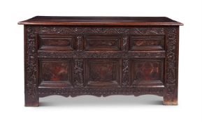 A CARVED OAK AND MARQUETRY CHEST, YORKSHIRE, 17TH CENTURY