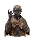 A LARGE POLYCHROMED CARVED WOOD PORTRAIT OF A SAINT, ITALIAN, 17TH CENTURY
