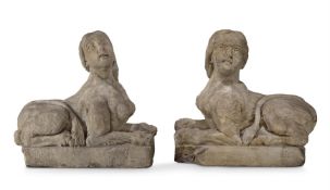 A RARE PAIR OF WHITE MARBLE SPHINXES, ITALIAN, 13TH/14TH CENTURY